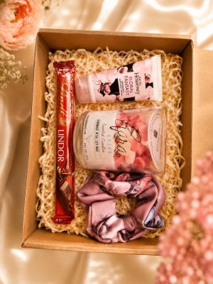 Bridesmaid proposal gift box with chocolate, floral hand cream, scented soy-wax candle and satin scrunchie