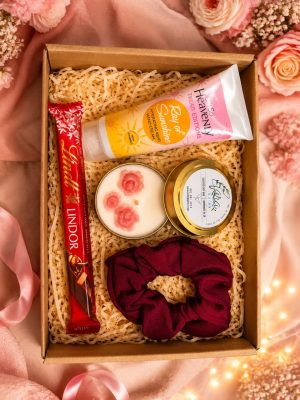 Bridesmaid proposal gift box with Lindt Lindor chocolate, hand cream, scented soy-wax candle and scrunchie